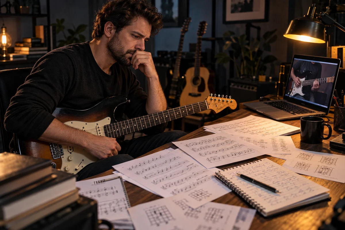 Guitarrista estudando e buscando organizar o aprendizado